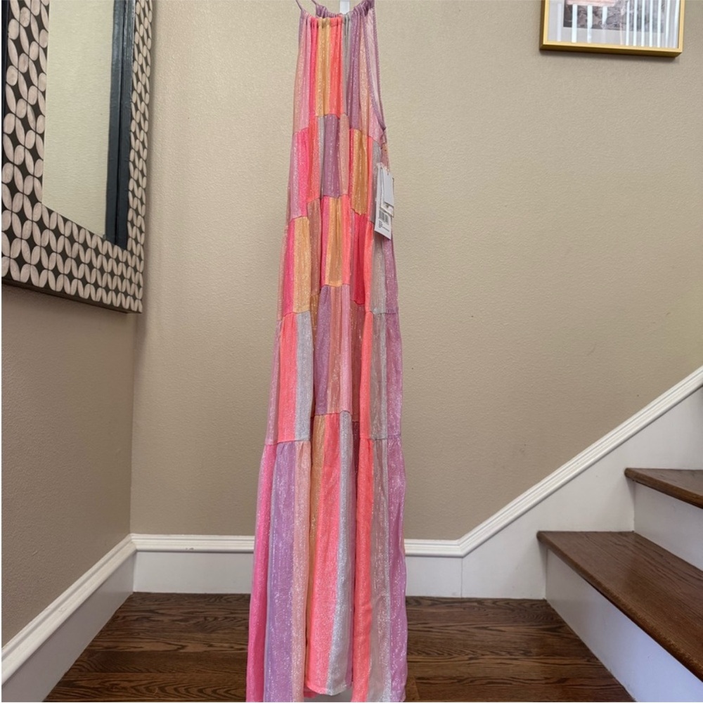 Multi-Color Tiered Halter Maxi Dress - Pink/Coral/Lavender